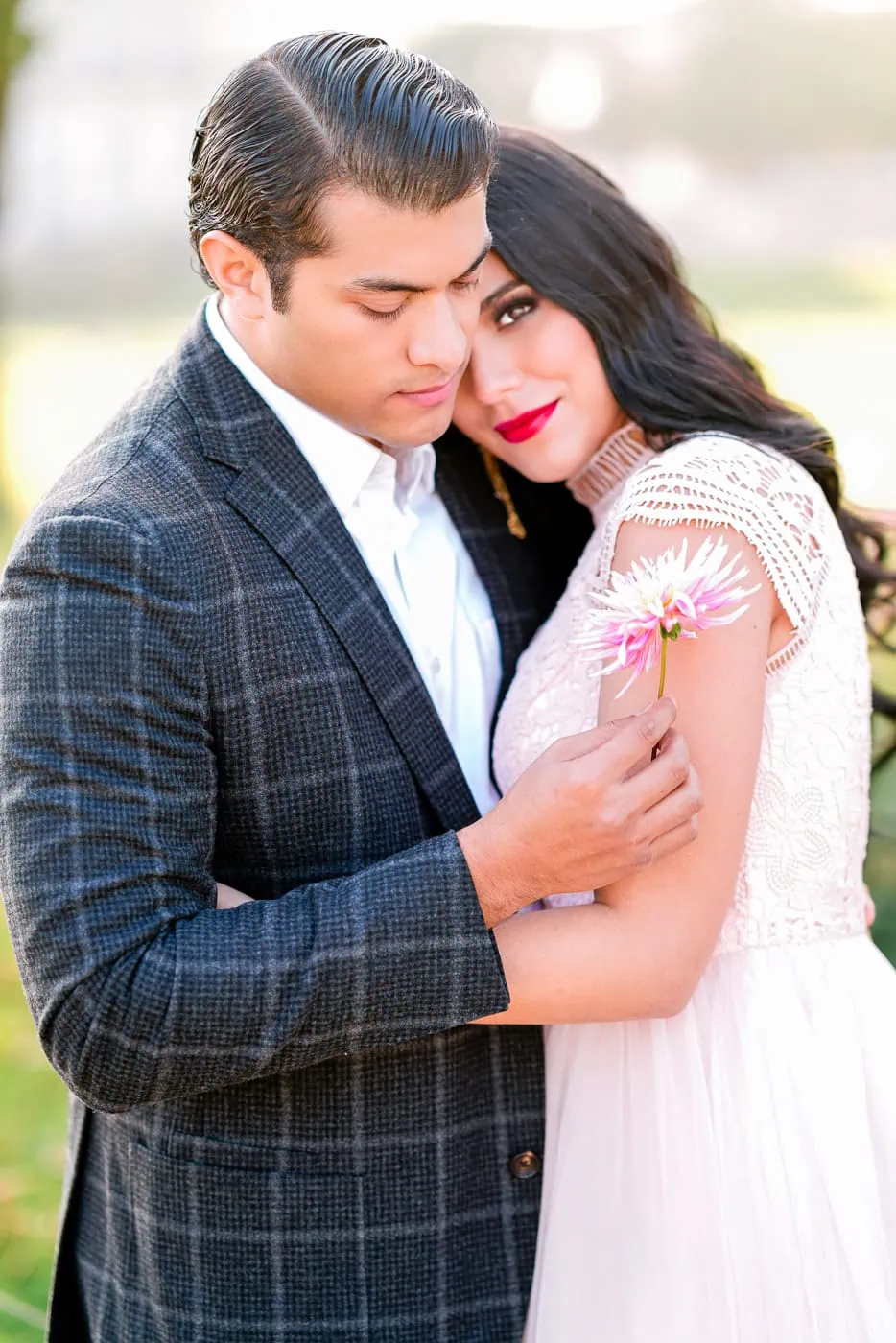 Couple anniversary portrait with red lipstick and flower in Paris, professional photographer session with editorial styling