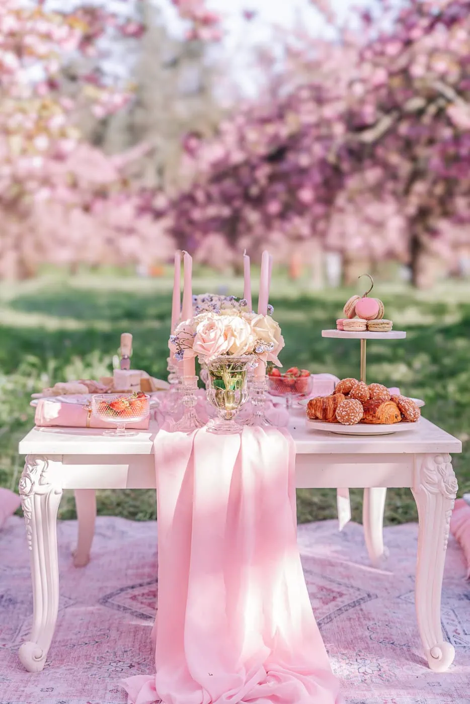 Luxury picnic setup in Parc de Sceaux during cherry blossom season, showcasing an ideal Paris photography location for couples and proposals